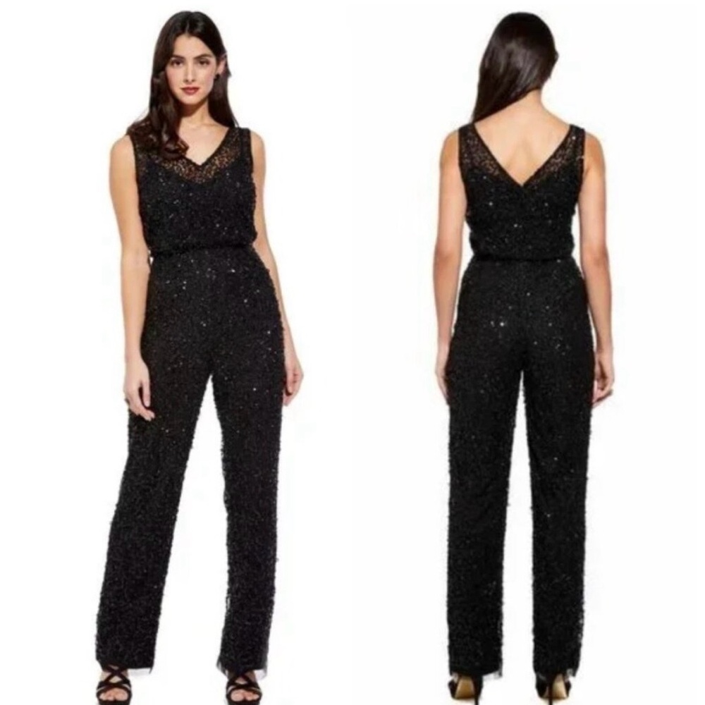 Adrianna Papell Black Sequin Beaded
Jumpsuit with Illusion Neckline Size 8